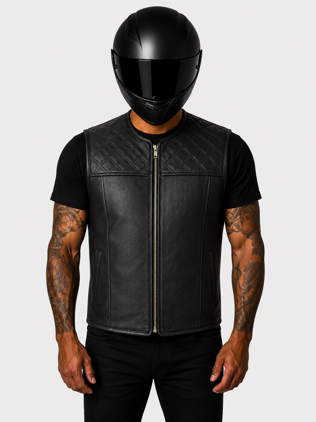 „Iron Brotherhood Klassik Motorradweste aus glattem Rindsleder, Frontansicht, Bikerfit, 2 Außentaschen, 3 Innentaschen, Schultersteppung.“