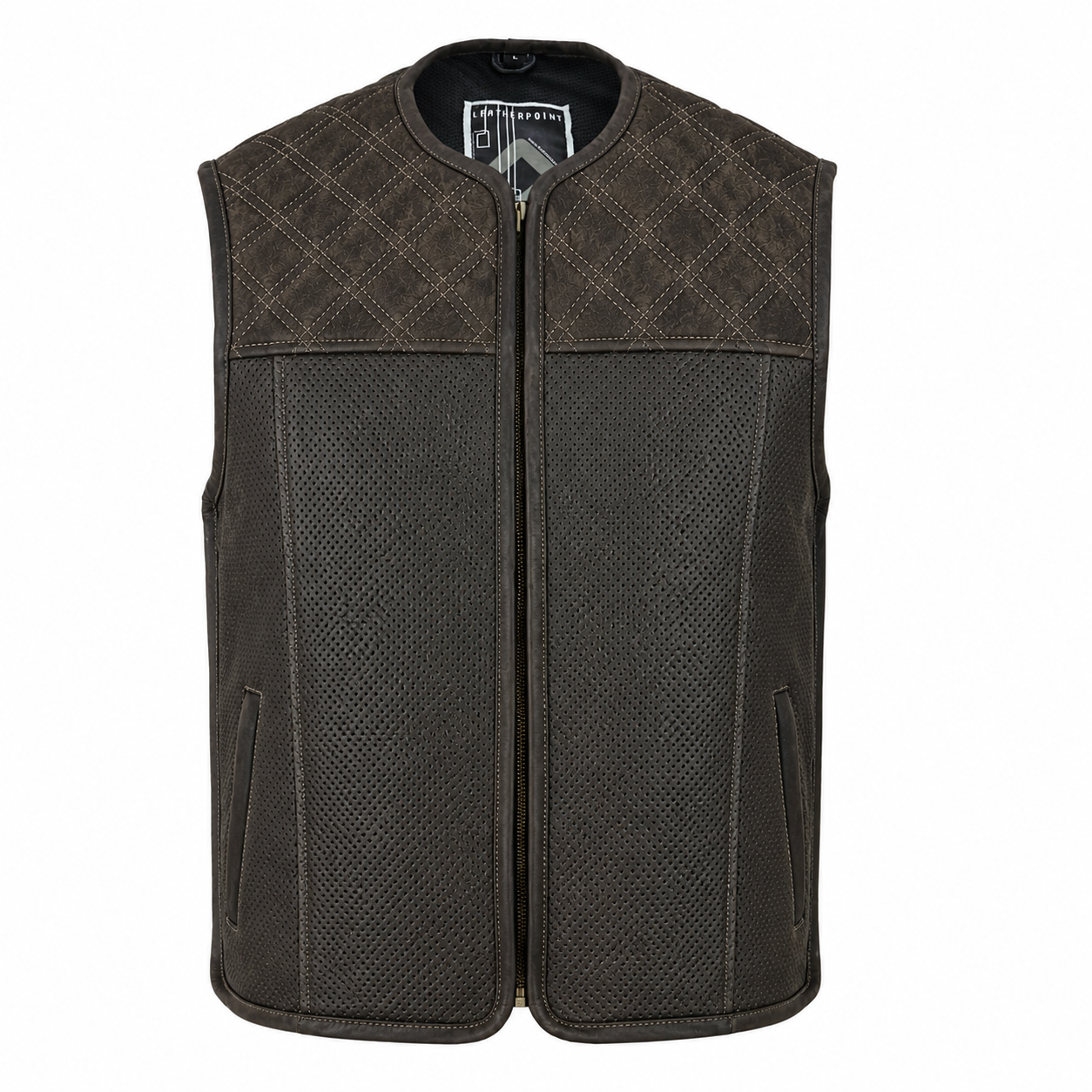 Iron Brotherhood Wildleder-Bikerweste mit perforiertem Wildleder, 2 Außentaschen, 3 Innentaschen, Schultersteppung, seitlich verstellbar – Frontansicht