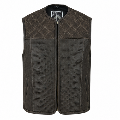 Iron Brotherhood Wildleder-Bikerweste mit perforiertem Wildleder, 2 Außentaschen, 3 Innentaschen, Schultersteppung, seitlich verstellbar – Frontansicht
