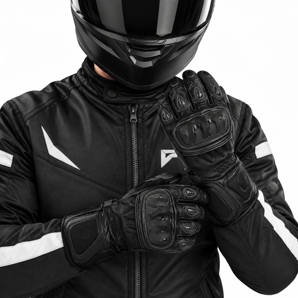 Herren Motorradhandschuhe Schwarz mit Knöchelprotektor und Langschaft