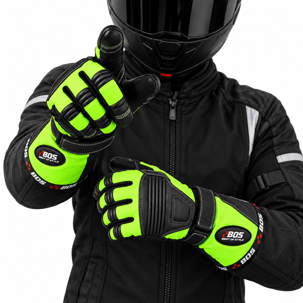 Herren Motorradhandschuhe Grün mit langer Stulpe und verstärkter Handfläche