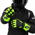 Herren Motorradhandschuhe Grün mit langer Stulpe und verstärkter Handfläche