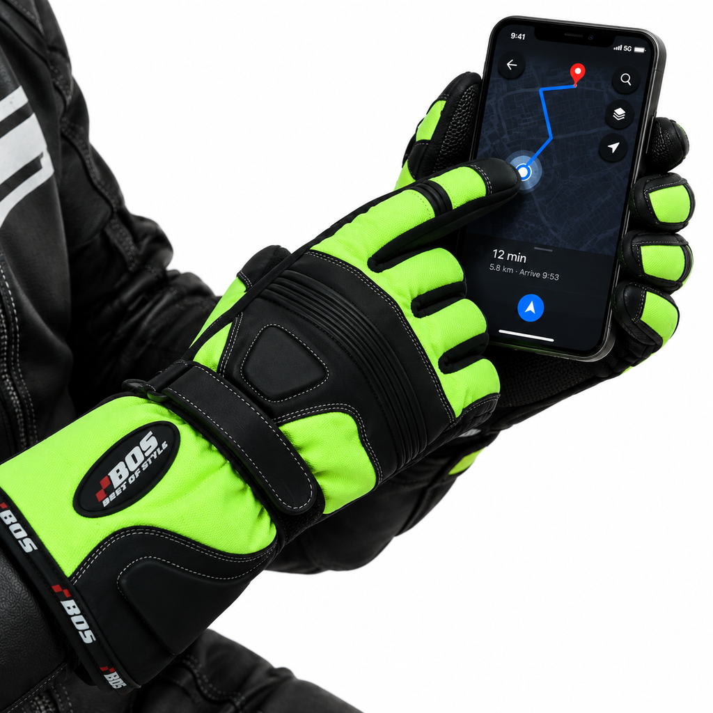 Herren Motorradhandschuhe Grün mit langer Stulpe und verstärkter Handfläche