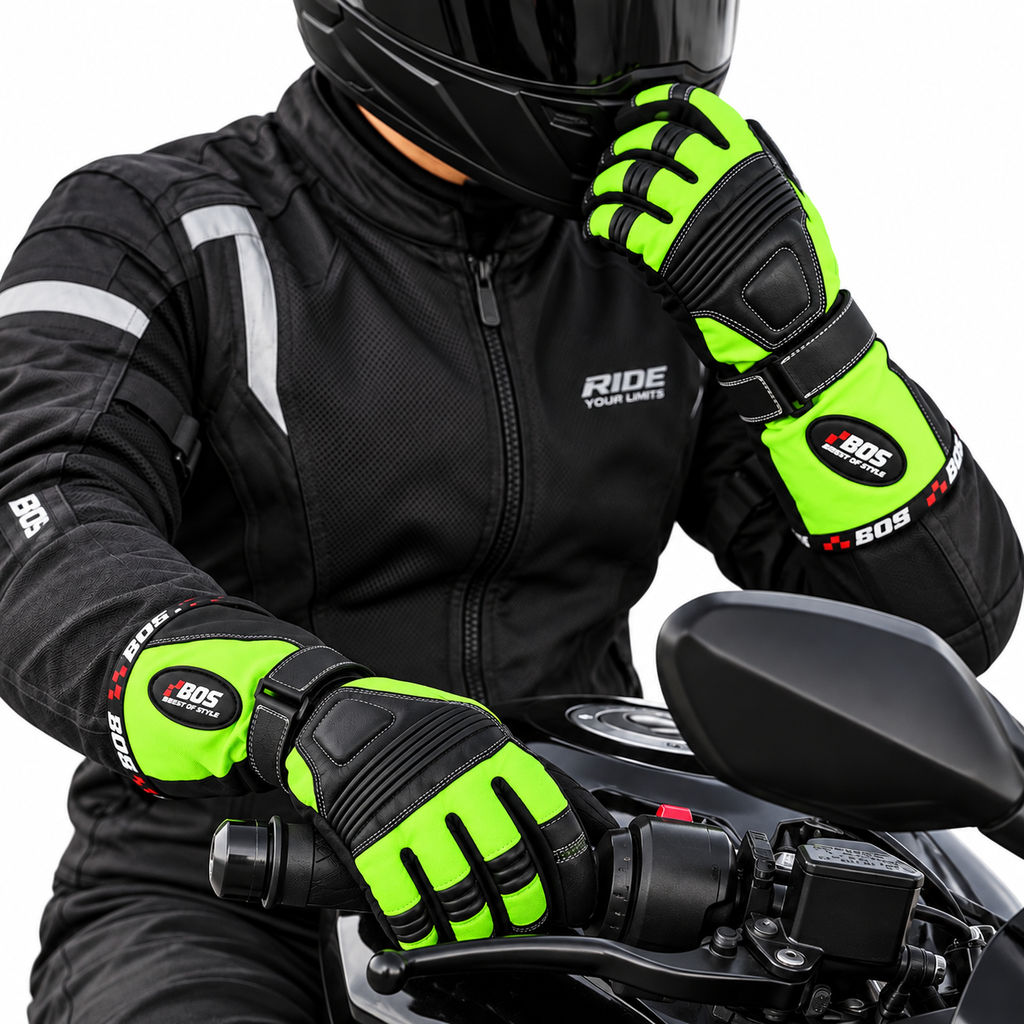 Herren Motorradhandschuhe Grün mit langer Stulpe und verstärkter Handfläche