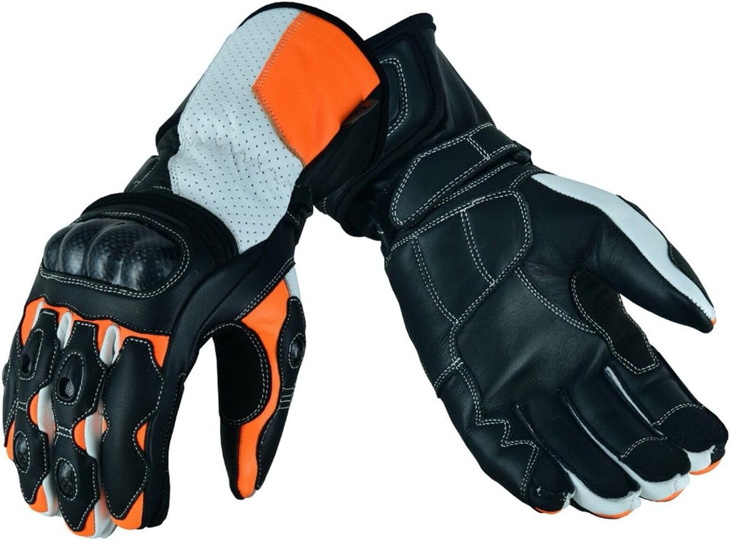 Herren Motorradhandschuhe Schwarz Orange mit Knöchelschutz und Sportoptik