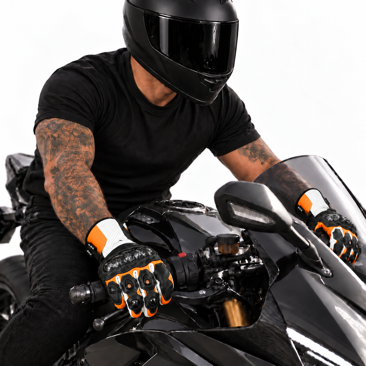 Herren Motorradhandschuhe Schwarz Orange mit Knöchelschutz und Sportoptik