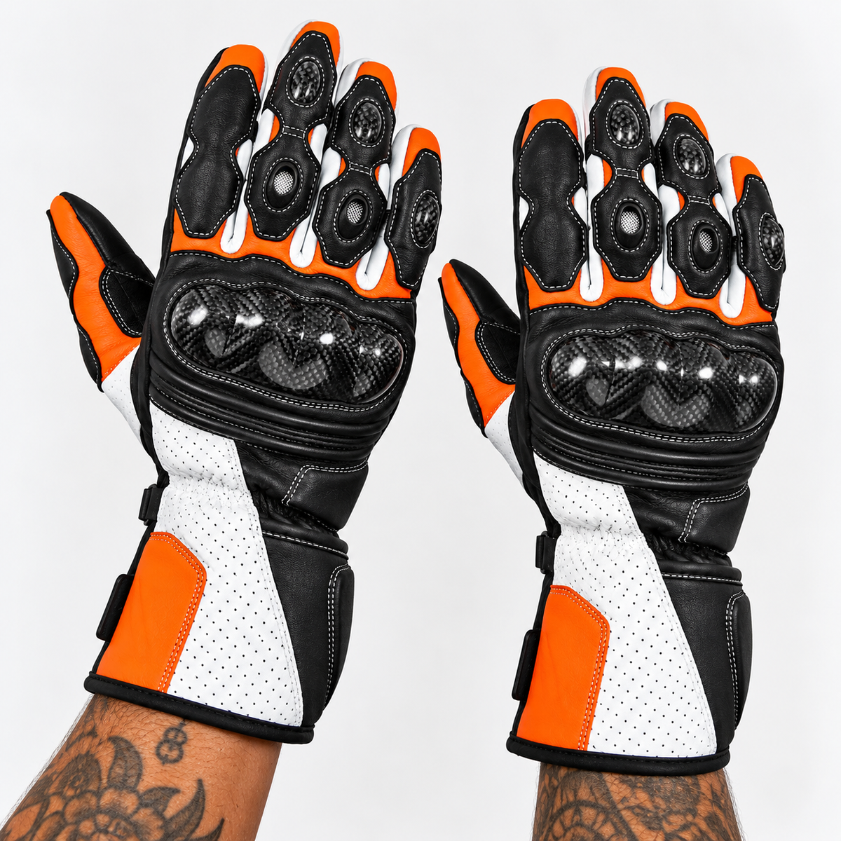 Herren Motorradhandschuhe Schwarz Orange mit Knöchelschutz und Sportoptik