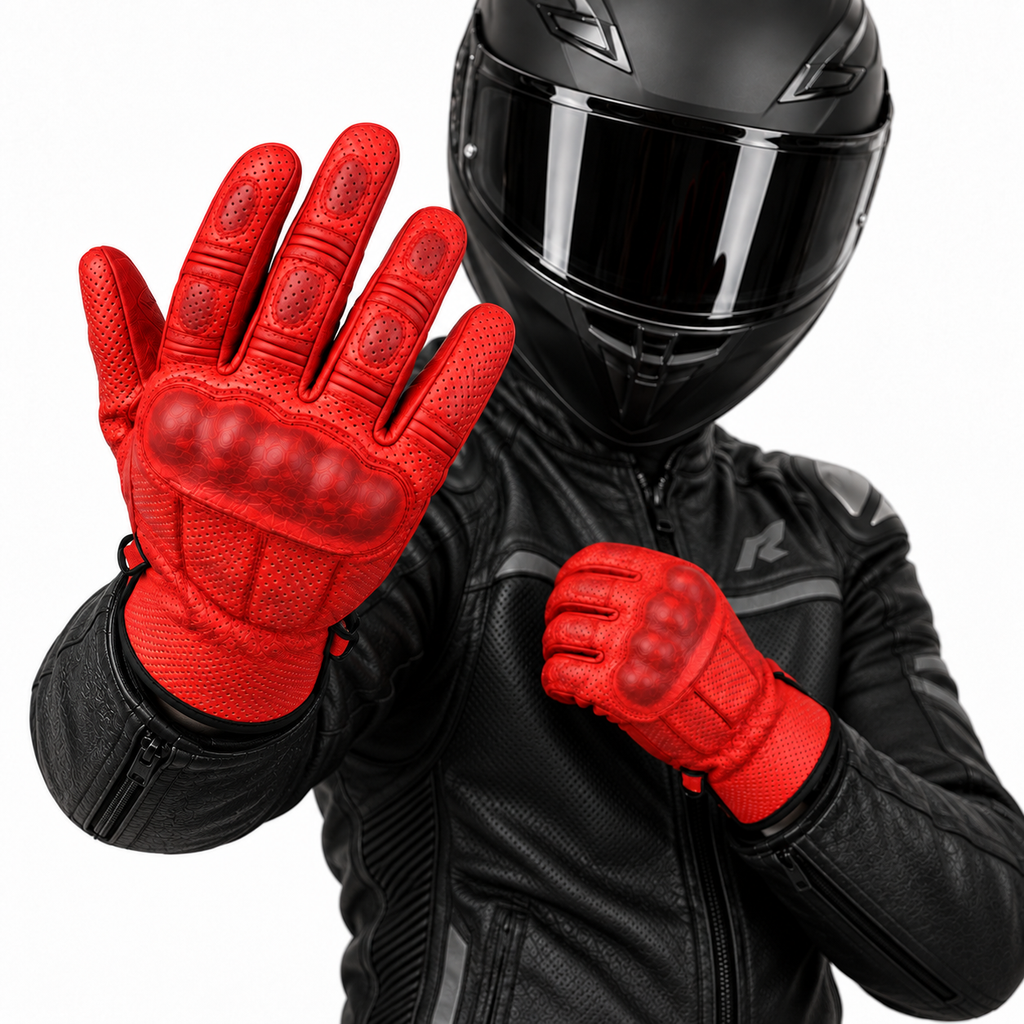 Rote Herren Motorradhandschuhe mit Knöchelschutz und perforiertem Leder