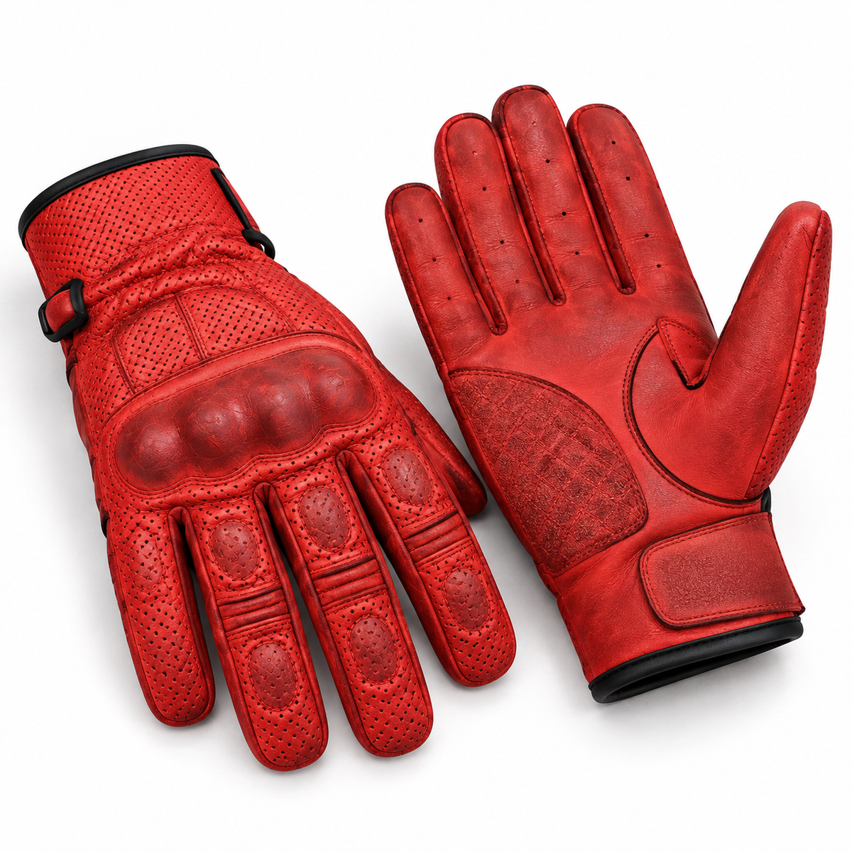 Rote Herren Motorradhandschuhe mit Knöchelschutz und perforiertem Leder
