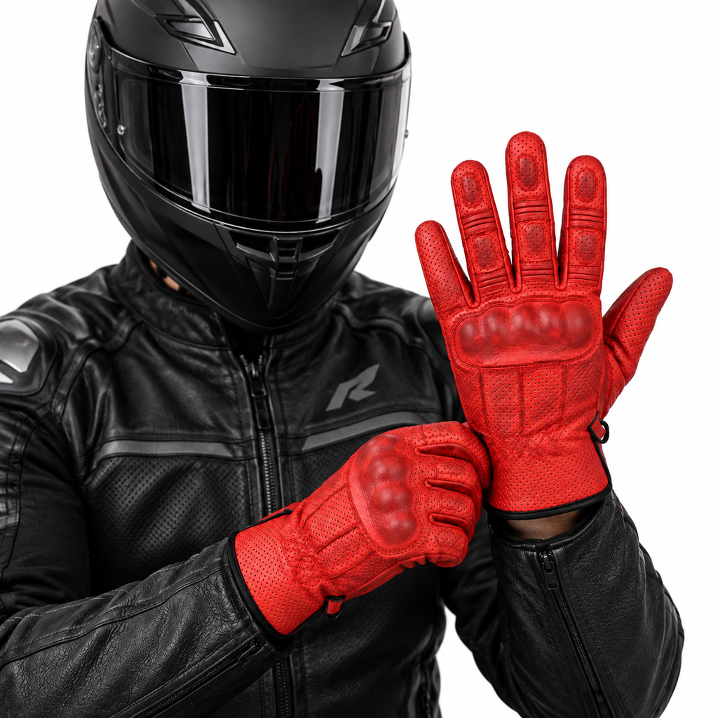 Rote Herren Motorradhandschuhe mit Knöchelschutz und perforiertem Leder