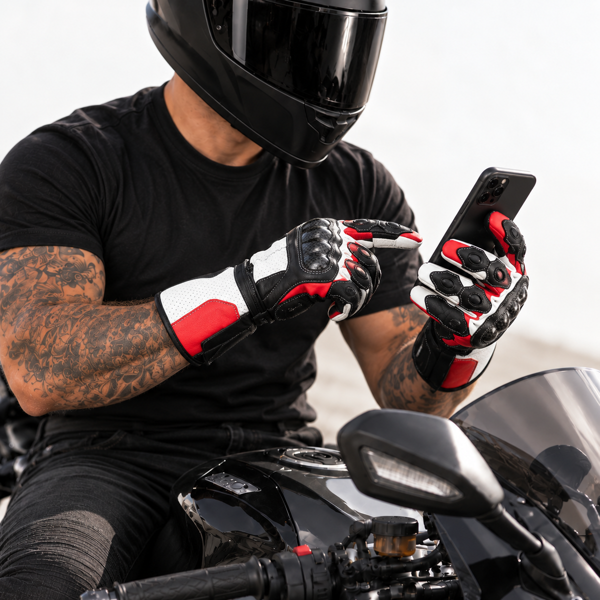 Herren Motorradhandschuhe Schwarz Rot Weiß mit Carbon-Protektor