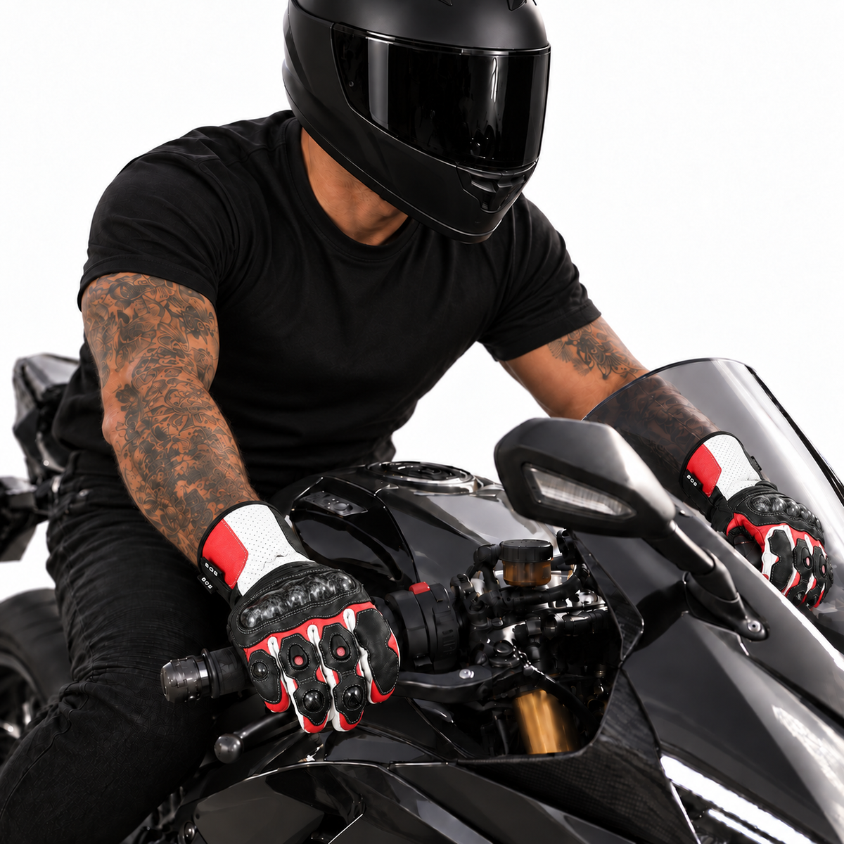 Herren Motorradhandschuhe Schwarz Rot Weiß mit Carbon-Protektor
