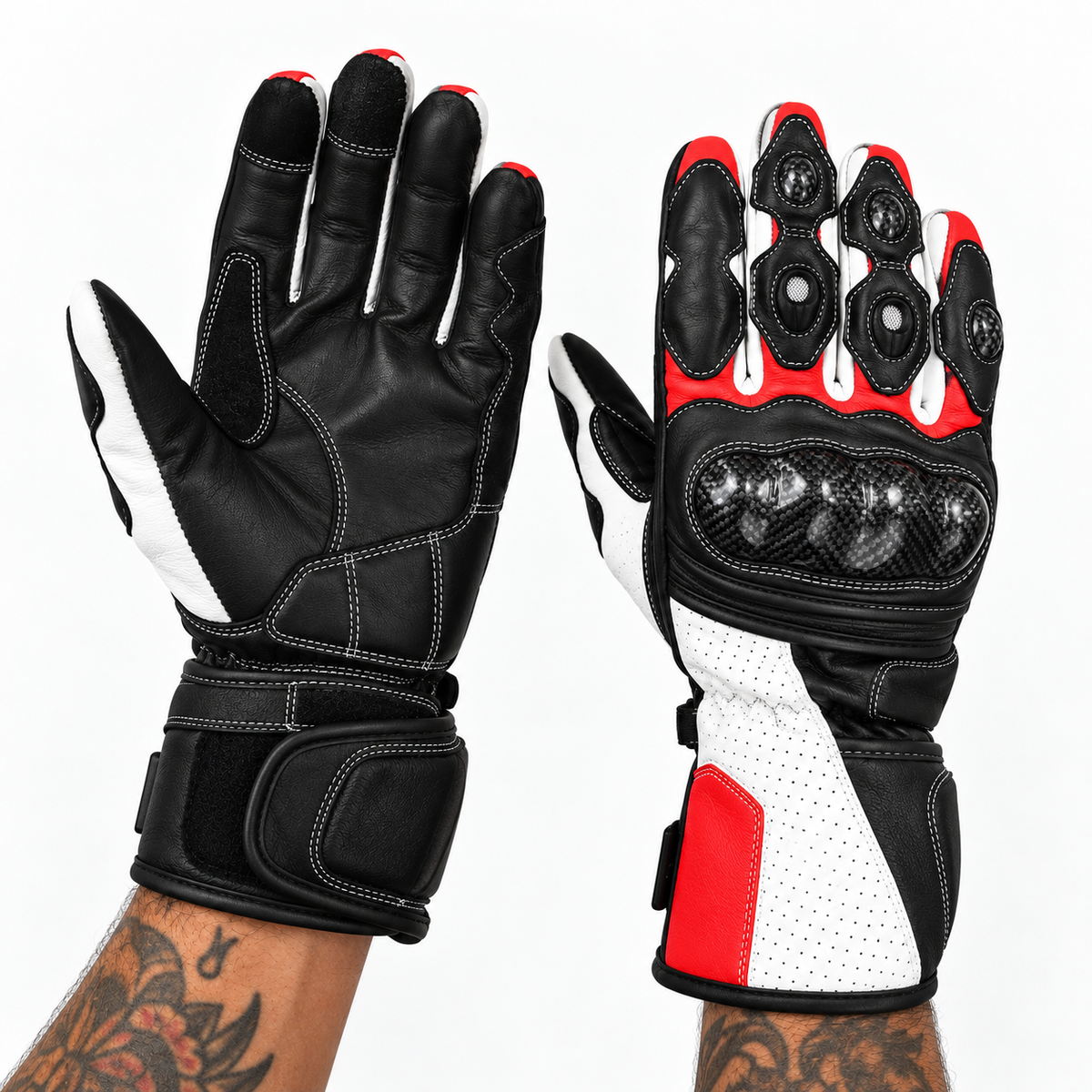 Herren Motorradhandschuhe Schwarz Rot Weiß mit Carbon-Protektor