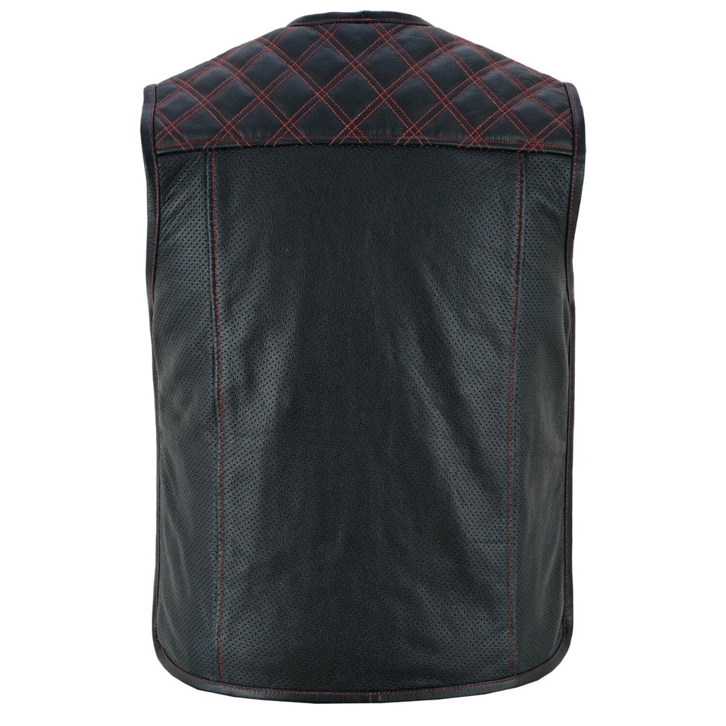 Rückansicht der Iron Brotherhood Lederweste, große Rückenfläche ohne Mittelnaht, schwarze Weste mit roten Nähten, ideal für Patches.