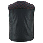 Rückansicht der Iron Brotherhood Lederweste, große Rückenfläche ohne Mittelnaht, schwarze Weste mit roten Nähten, ideal für Patches.