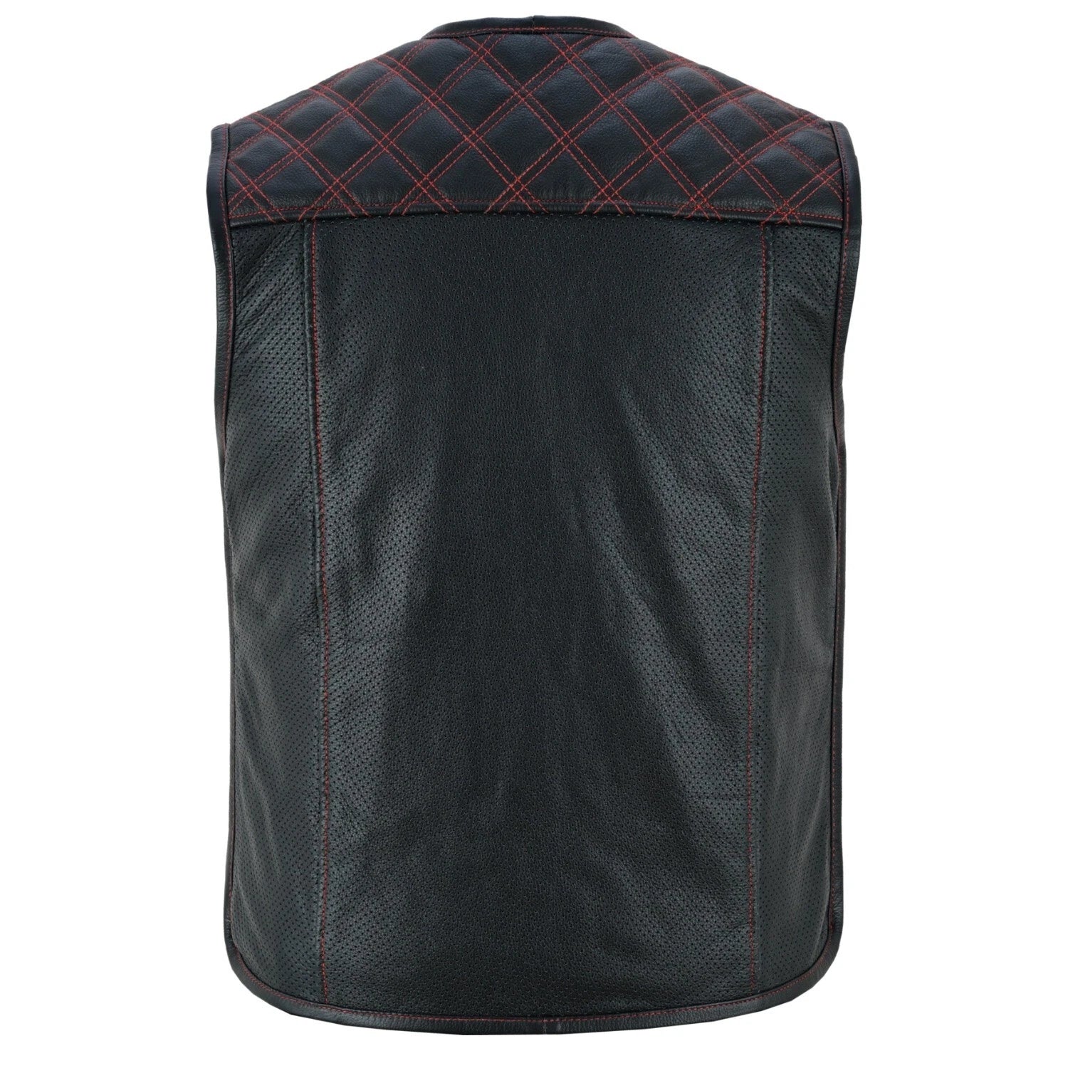 Rückansicht der Iron Brotherhood Lederweste, große Rückenfläche ohne Mittelnaht, schwarze Weste mit roten Nähten, ideal für Patches.