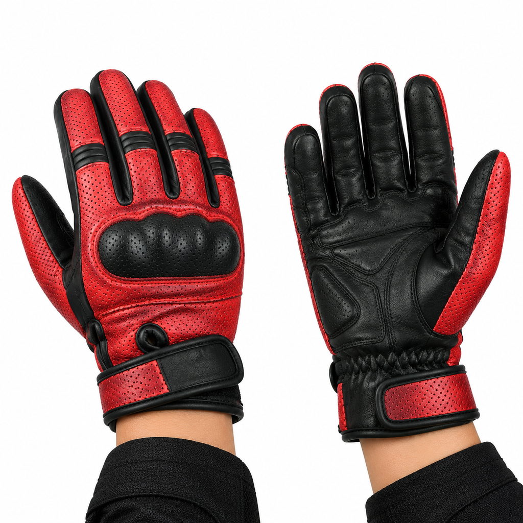Herren Motorrad Lederhandschuhe Rot Schwarz mit Protektoren