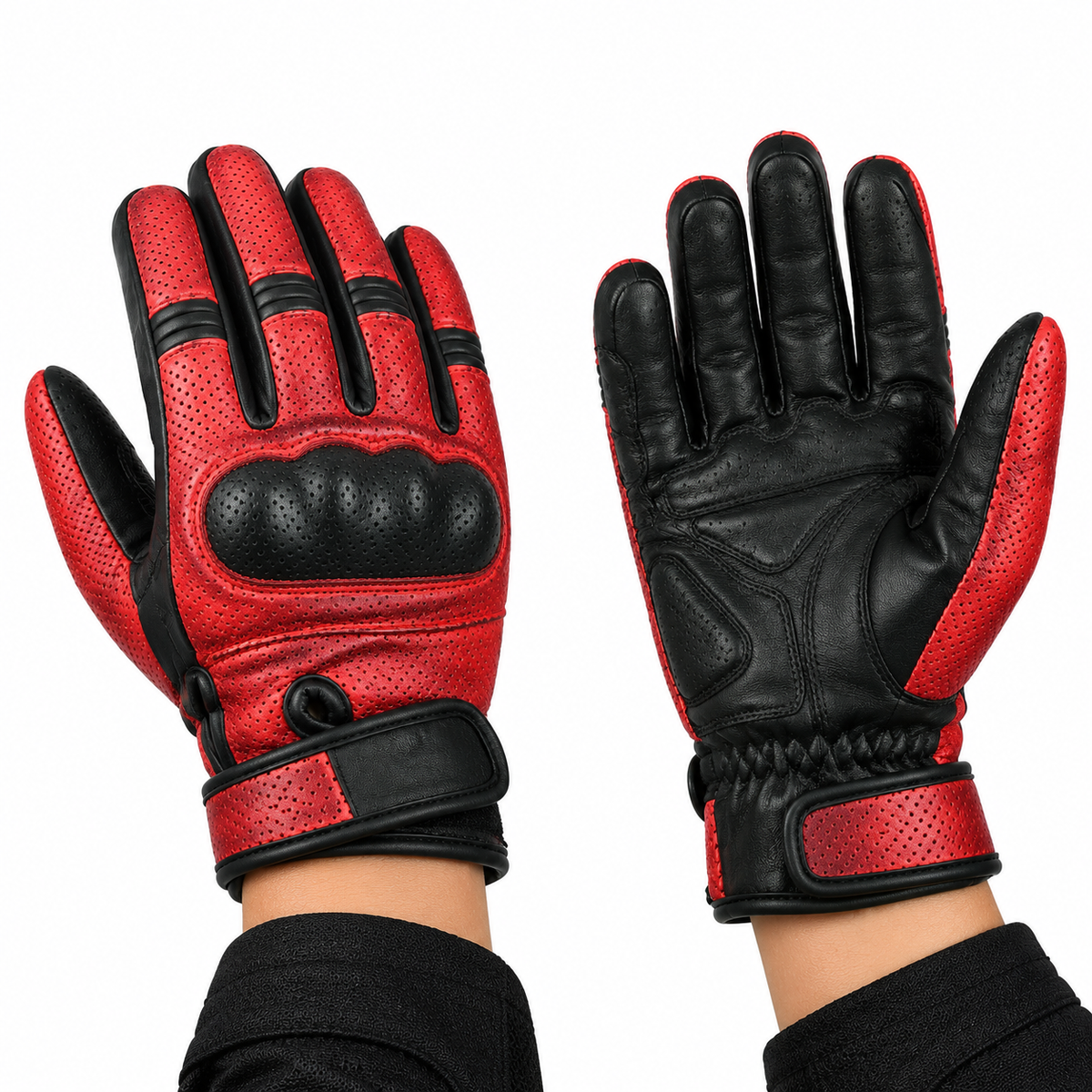 Herren Motorrad Lederhandschuhe Rot Schwarz mit Protektoren