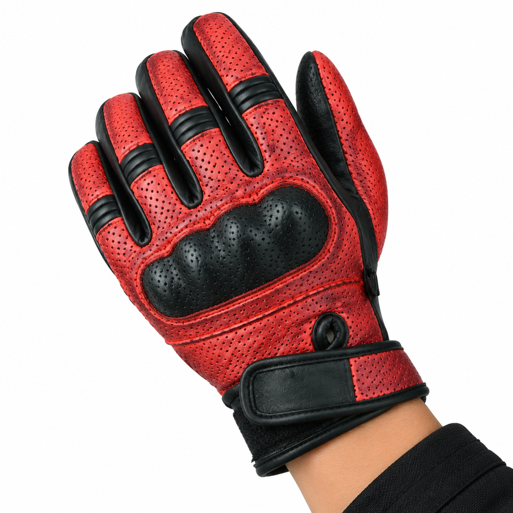 Herren Motorrad Lederhandschuhe Rot Schwarz mit Protektoren
