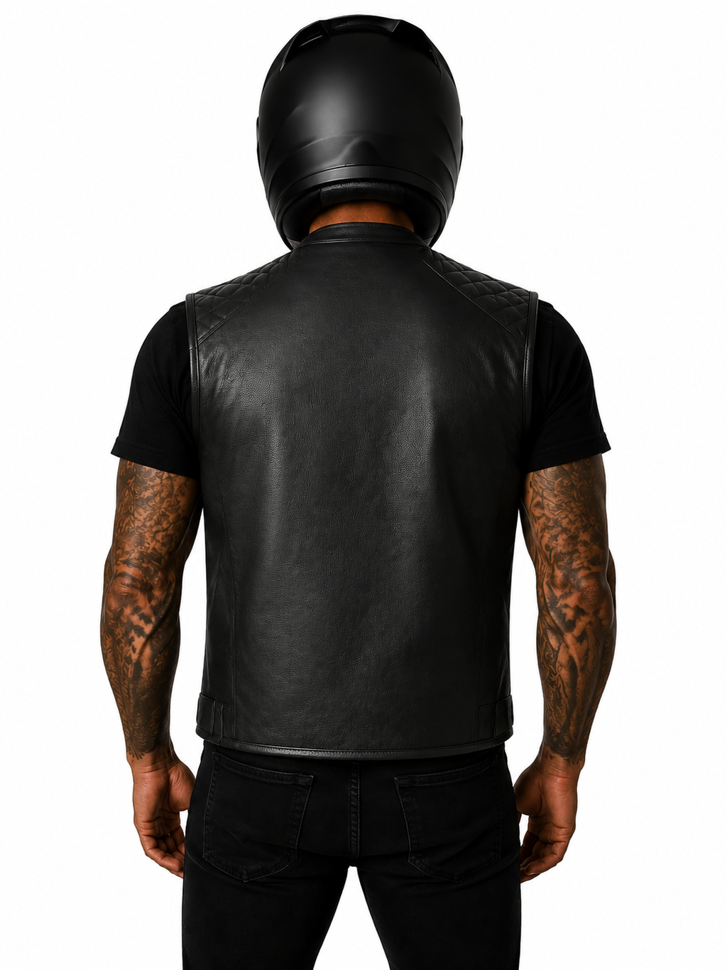 Rückansicht der Rogue Rider Lederweste, große Rückenfläche ohne Mittelnaht, ideale Fläche für Patches, Club-Style Weste in Schwarz