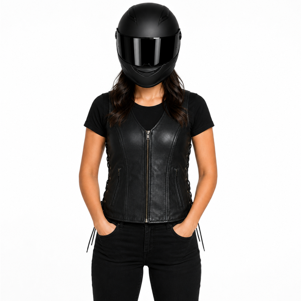 Road King Damen Lederweste Schwarz aus echtem Schafleder