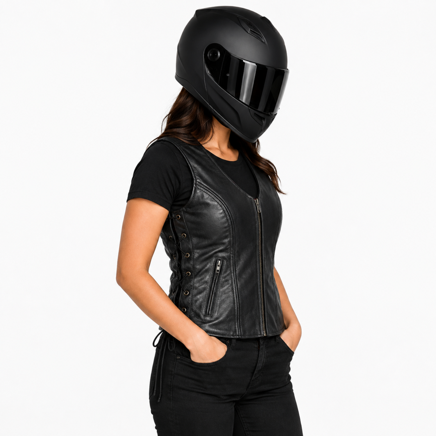 Road King Damen Lederweste Schwarz aus echtem Schafleder