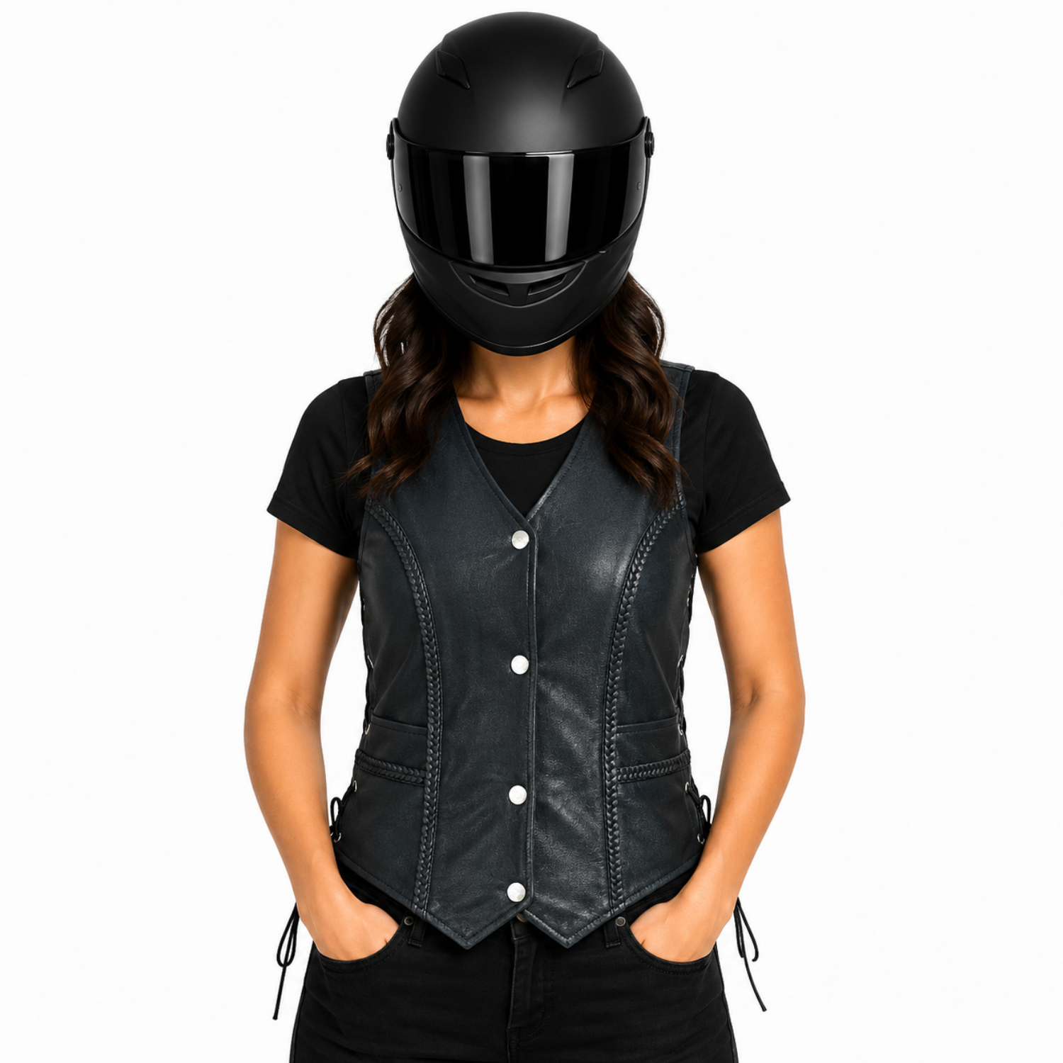 Road King Damen Lederweste Schwarz mit Flechtoptik und Knopfverschluss