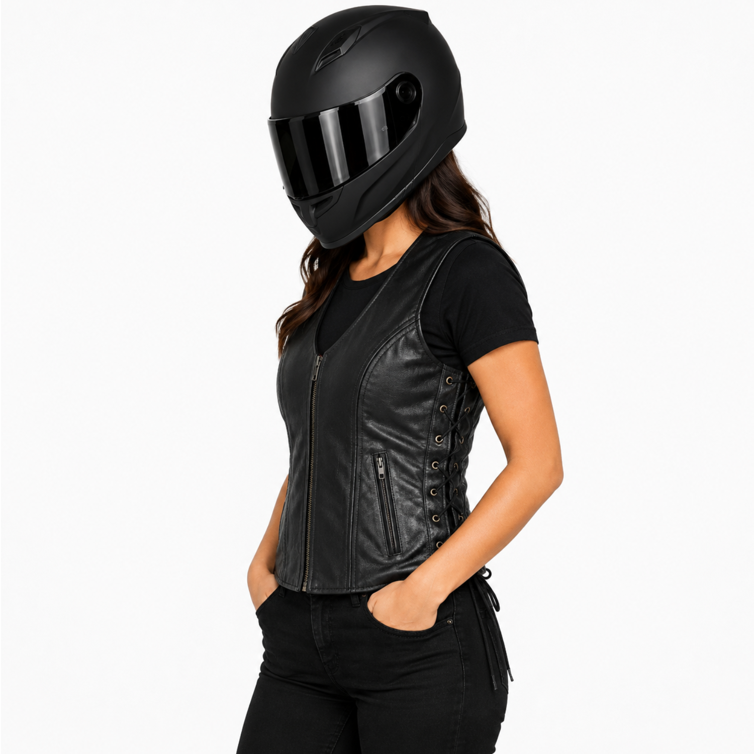Road King Damen Lederweste Schwarz aus echtem Schafleder