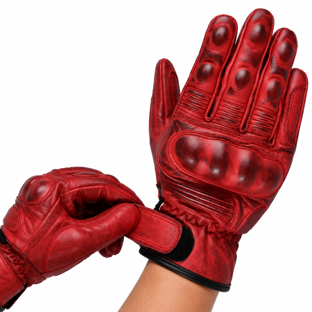 Herren Lederhandschuhe Rot für Motorrad mit Handprotektoren