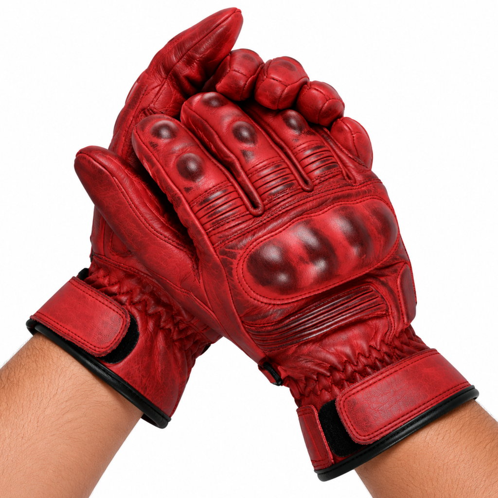 Herren Lederhandschuhe Rot für Motorrad mit Handprotektoren