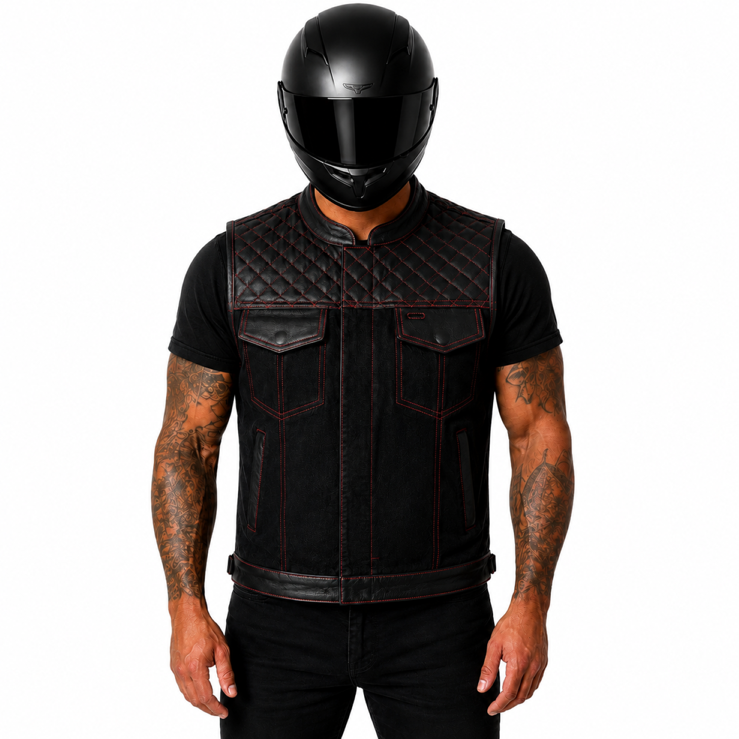 Roadking Motorradweste Herren aus Rindsleder & Baumwoll-Denim – Schwarz