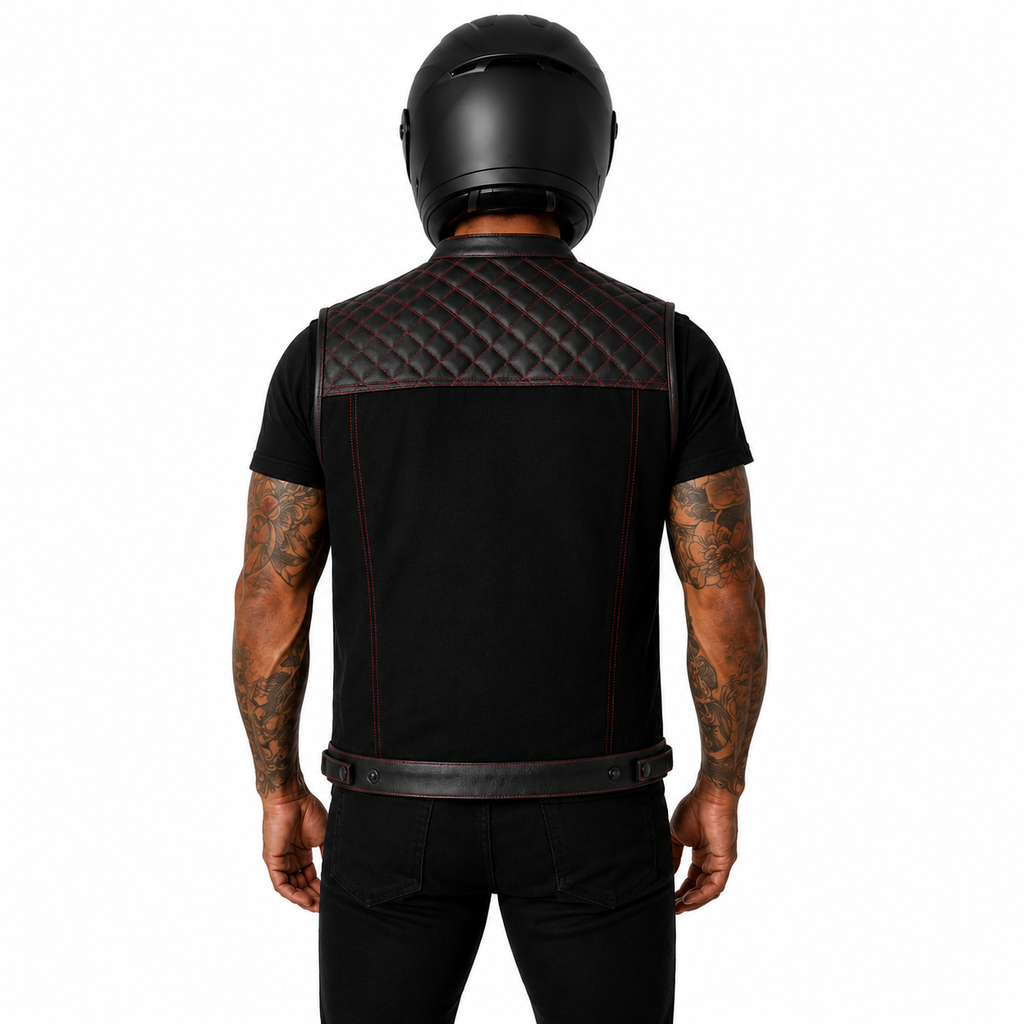 Roadking Motorradweste Schwarz aus Leder & Cotton Jean mit Stehkragen