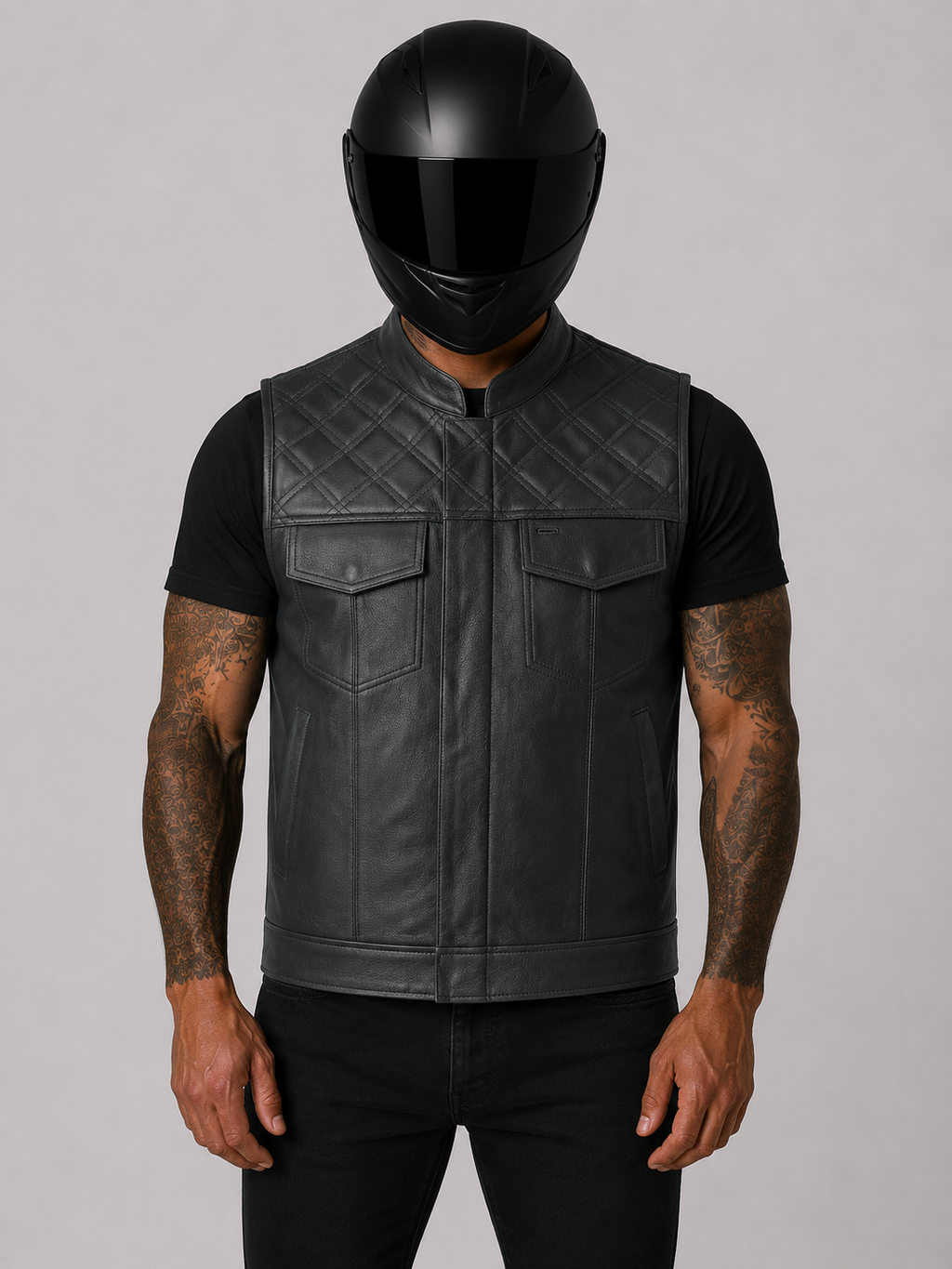 Roadmaster Motorrad Lederweste Schwarz Nähten getragen von Motorradfahrer