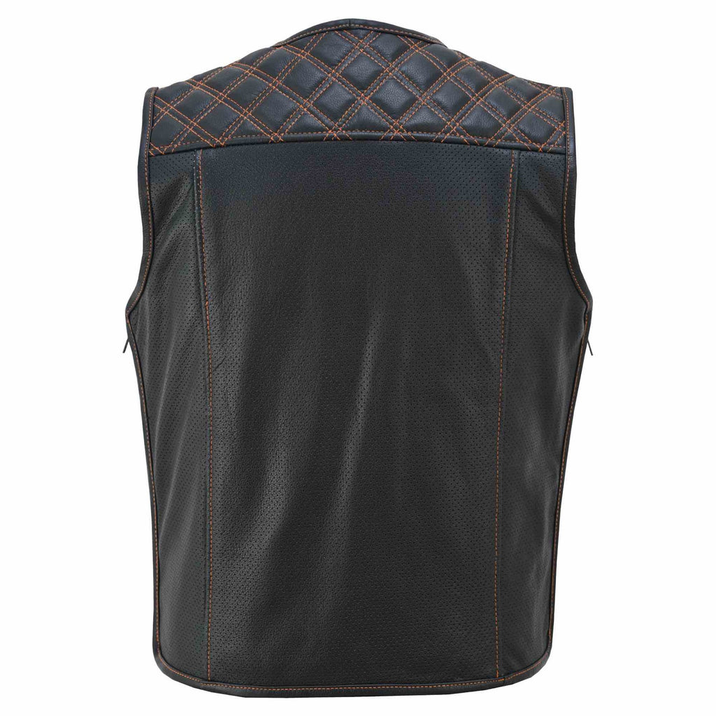 Rückansicht der Iron Brotherhood Lederweste, große Rückenfläche ohne Mittelnaht, schwarze Weste mit orangefarbener Ziernaht, ideal für Patches