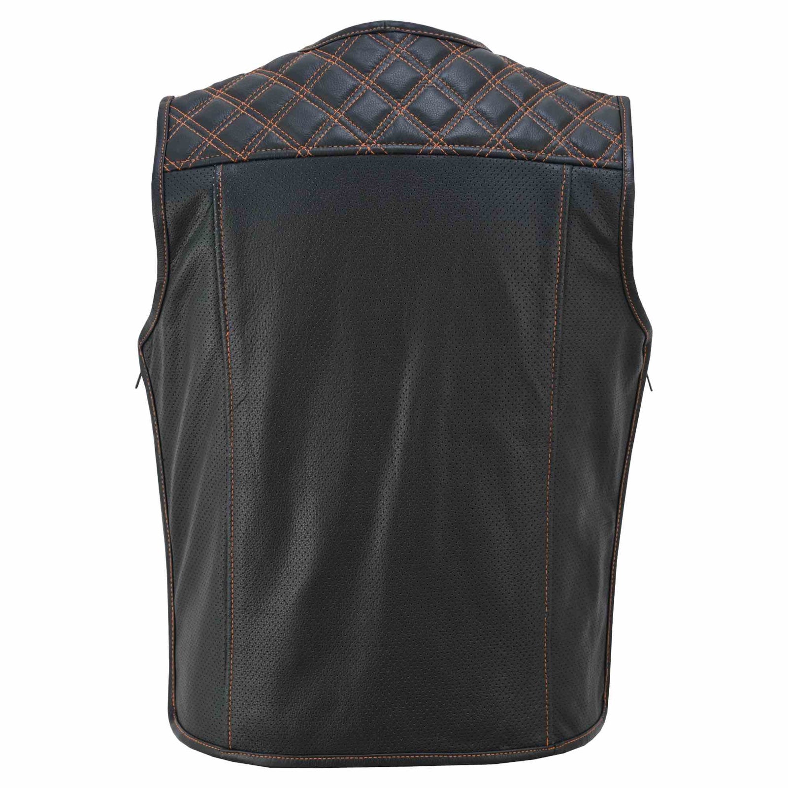 Rückansicht der Iron Brotherhood Lederweste, große Rückenfläche ohne Mittelnaht, schwarze Weste mit orangefarbener Ziernaht, ideal für Patches