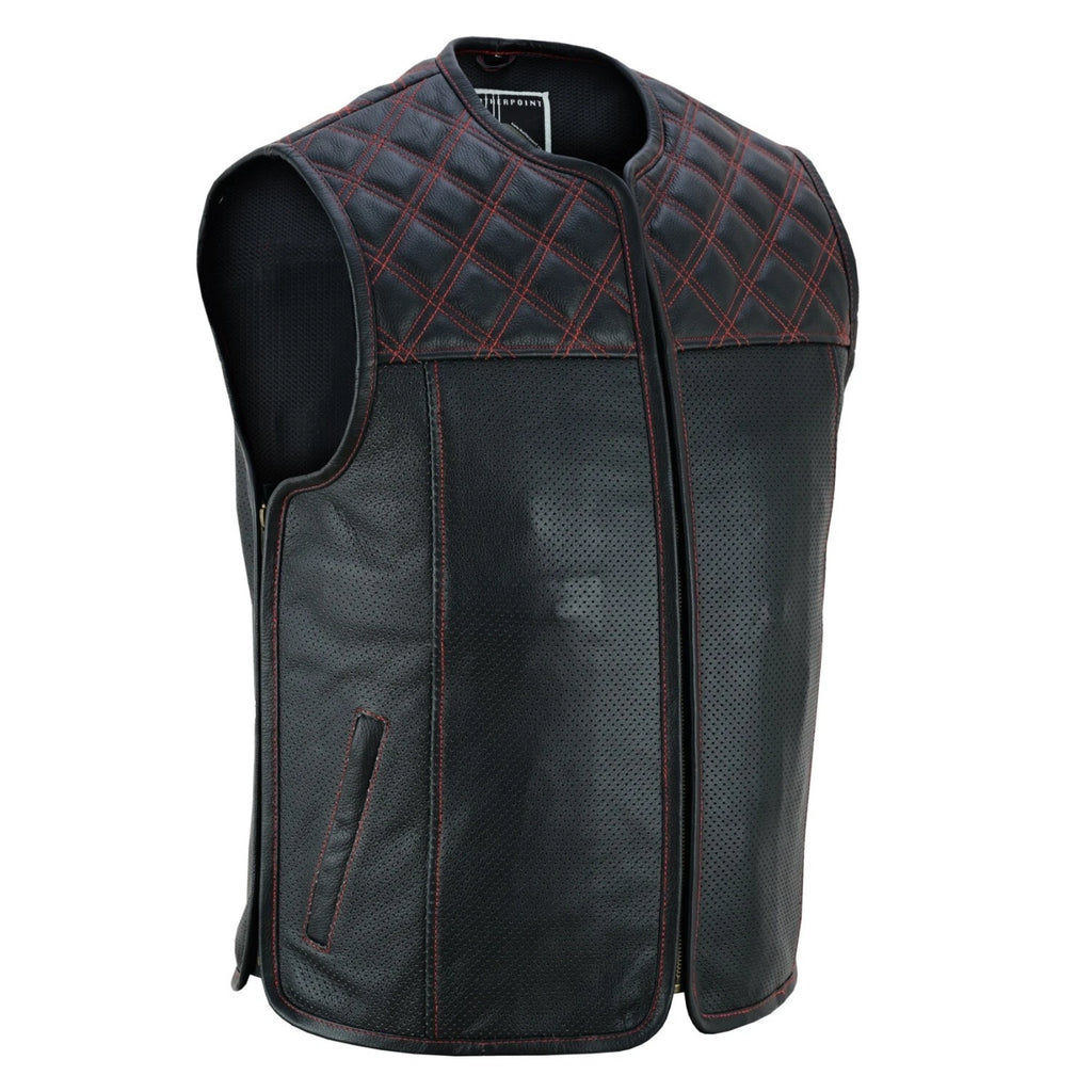 Seitenansicht links der Iron Brotherhood Red Stitch Lederweste, zeigt seitliche Metallreißverschlüsse und ergonomische Passform