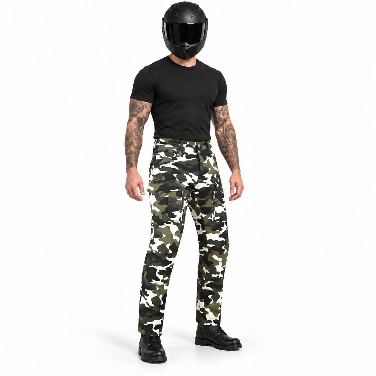 Motorrad-Cargohose Weiß mit Baumwollstretch und CE-Knieprotektoren