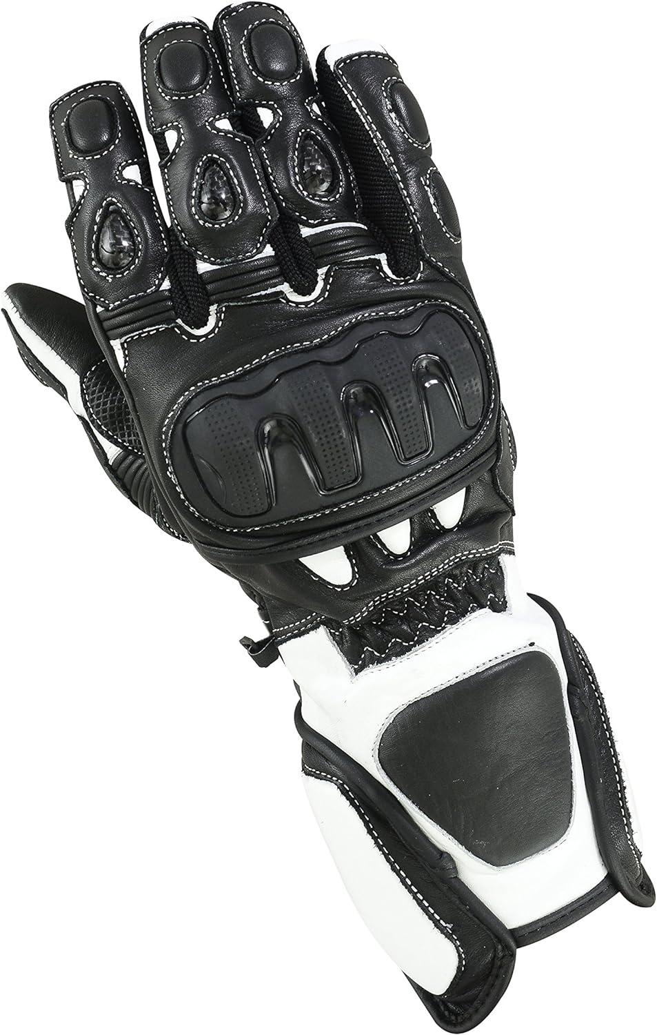 Herren Motorradhandschuhe Schwarz Weiß mit Knöchelprotektor und Langschaft