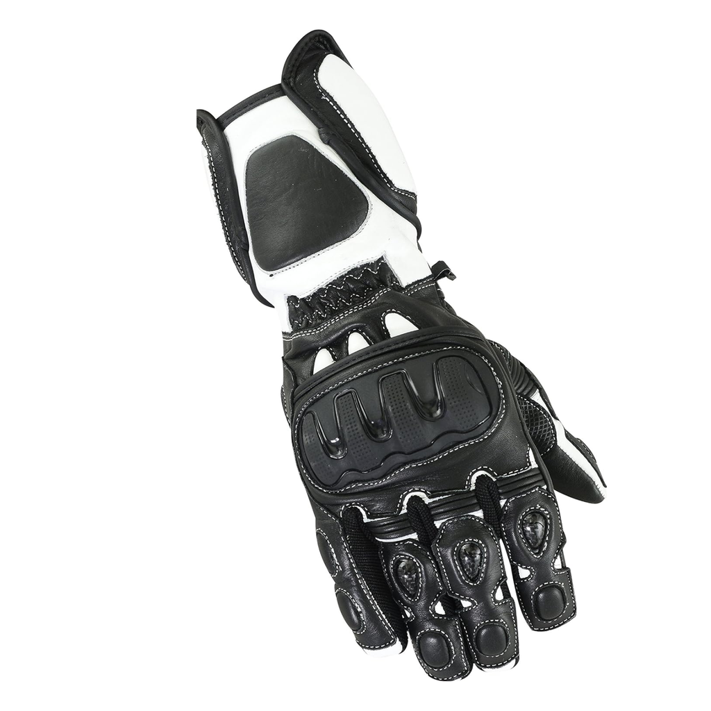 Herren Motorradhandschuhe Schwarz Weiß mit Knöchelprotektor und Langschaft