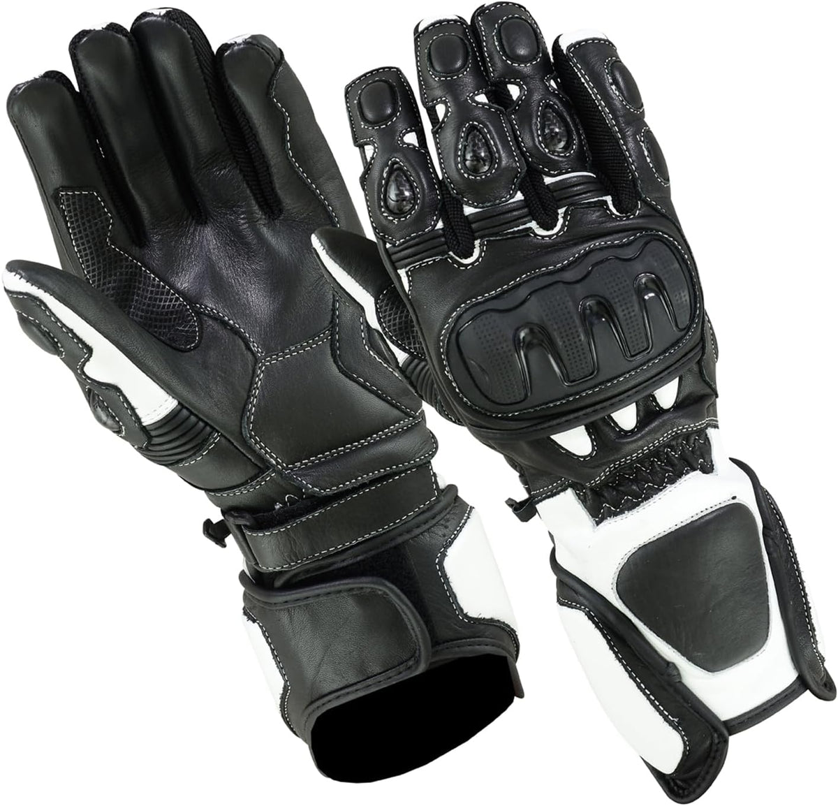 Herren Motorradhandschuhe Schwarz Weiß mit Knöchelprotektor und Langschaft