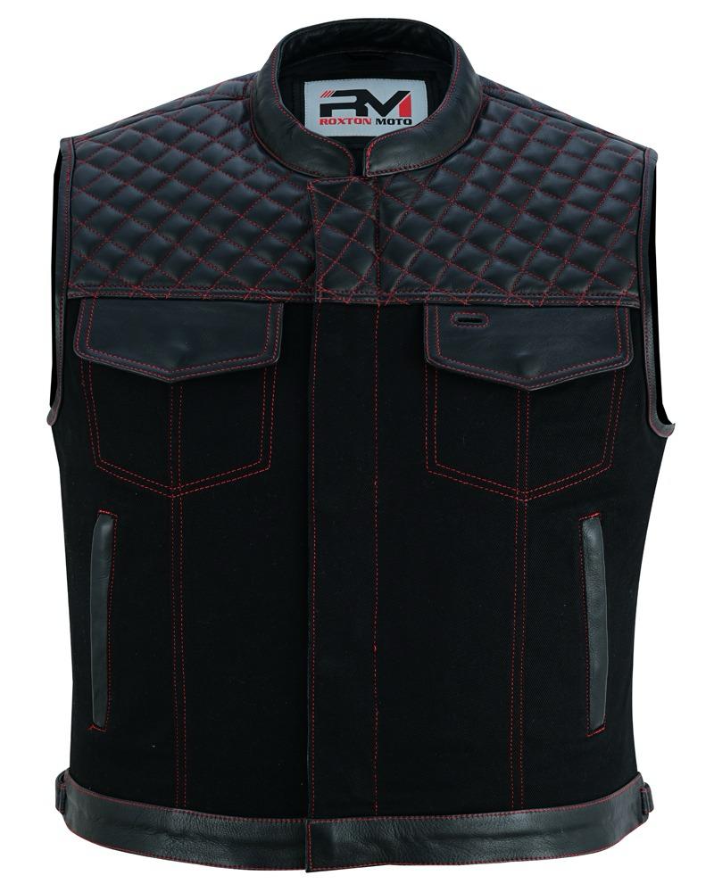 Roadking Motorradweste Schwarz aus Leder & Cotton Jean mit Stehkragen