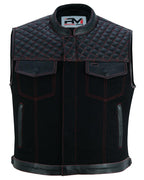 Roadking Motorradweste Schwarz aus Leder & Cotton Jean mit Stehkragen