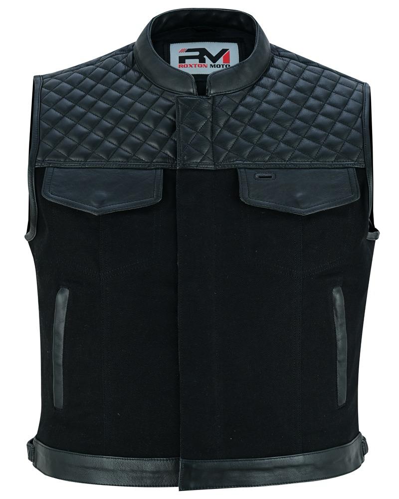 RoadKing Herren Motorrad Lederweste Schwarz – Rindsleder & Baumwoll-Denim