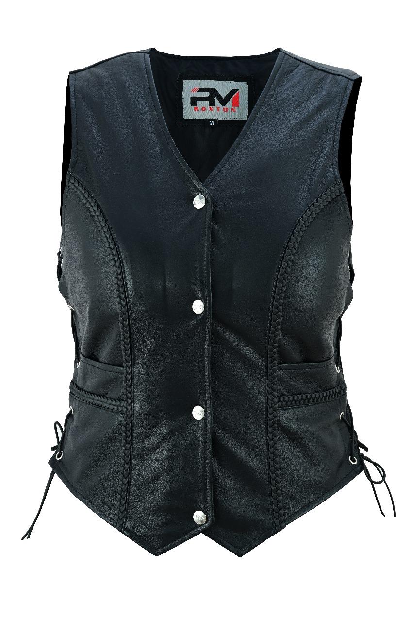 Road King Damen Lederweste Schwarz mit Flechtoptik und Knopfverschluss