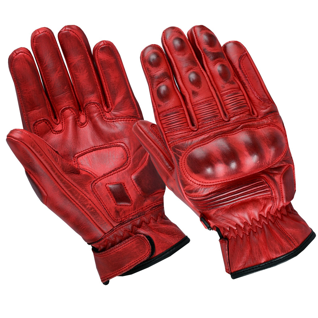 Herren Lederhandschuhe Rot für Motorrad mit Handprotektoren