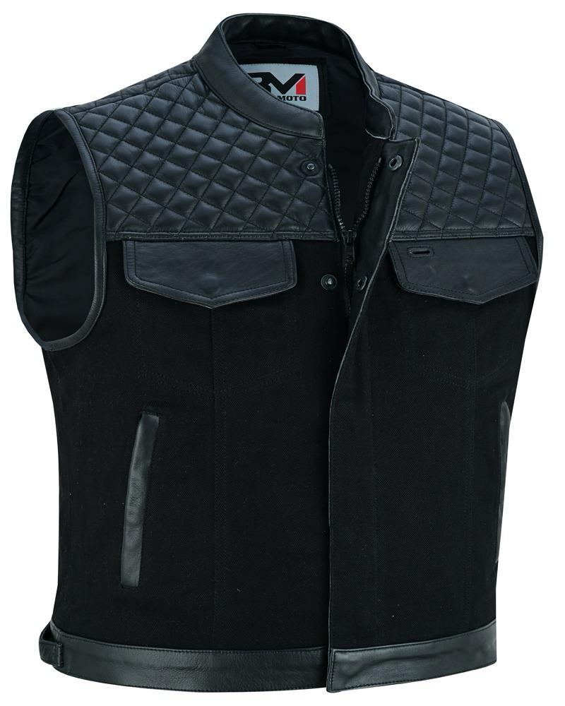 RoadKing Herren Motorrad Lederweste Schwarz – Rindsleder & Baumwoll-Denim
