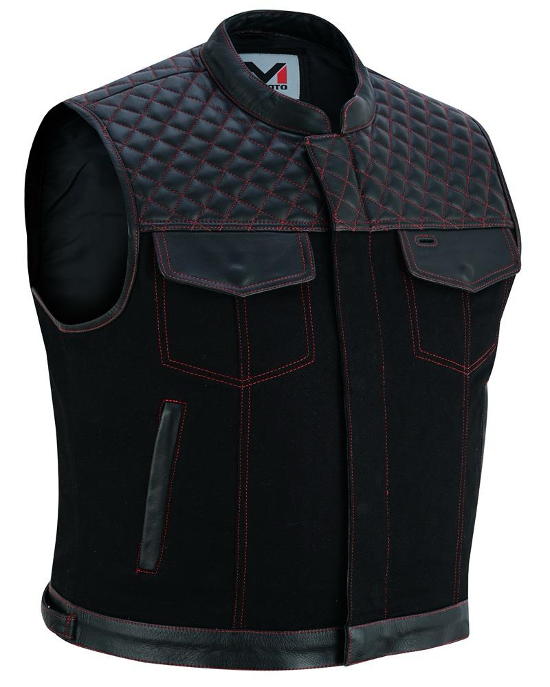 Roadking Motorradweste Schwarz aus Leder & Cotton Jean mit Stehkragen