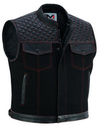 Roadking Motorradweste Schwarz aus Leder & Cotton Jean mit Stehkragen