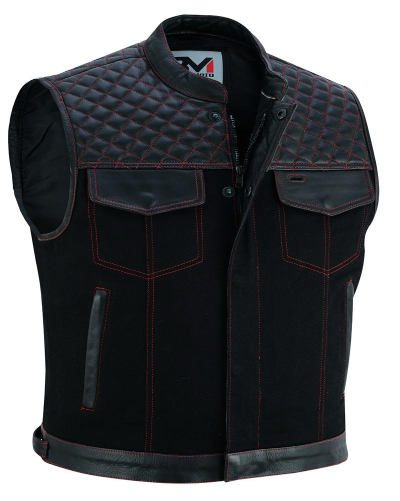 Roadking Motorradweste Schwarz aus Leder & Cotton Jean mit Stehkragen