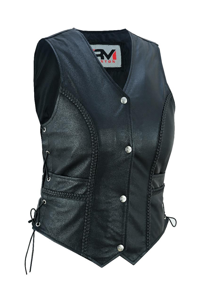 Road King Damen Lederweste Schwarz mit Flechtoptik und Knopfverschluss